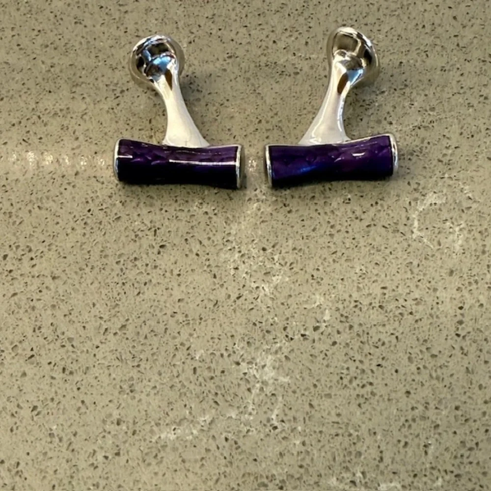 Men's Purple Enamel Bar Silver-Tone Metal Pair Cufflinks -EUC